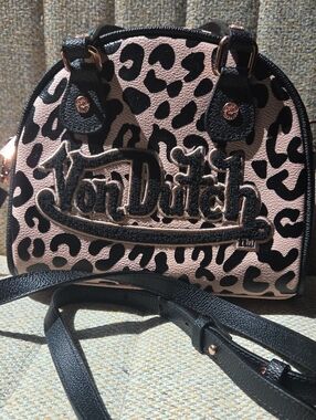 Von Dutch Pink and Black Leopard Mini Crossbody Bag